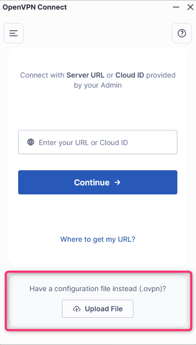 1. 開啟 OpenVPN GUI 軟體，點擊畫面上的「Upload File」按鈕。