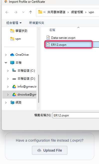 2. 選擇並上傳剛剛解壓縮出來，位於 gmes_vpn 資料夾裡名為 ER12.ovpn 的檔案。